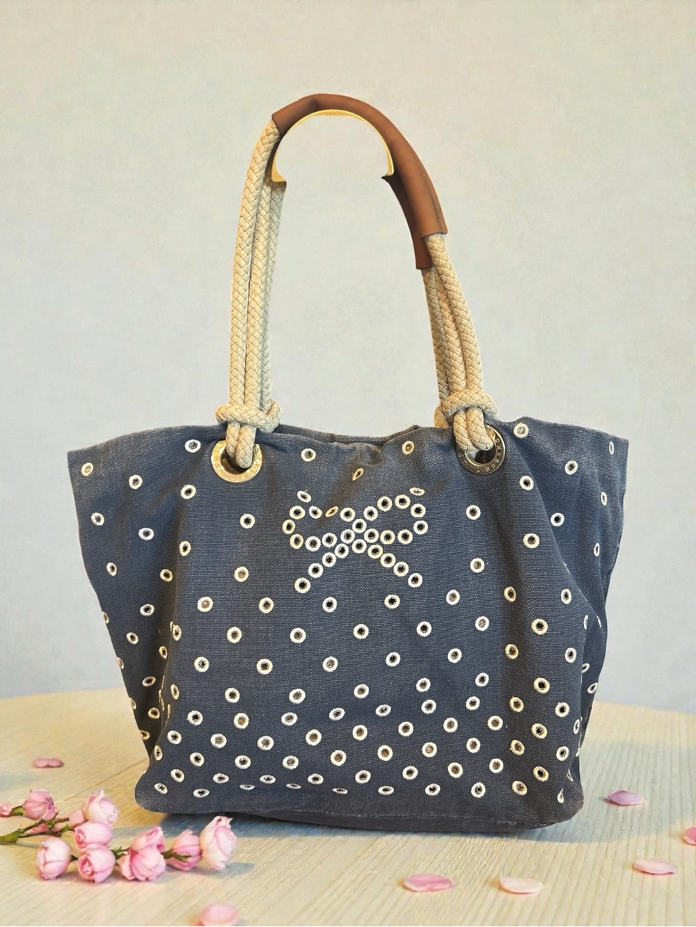 Anya Hindmarch Navy Canvas Eyelet Tote with Rope Handles